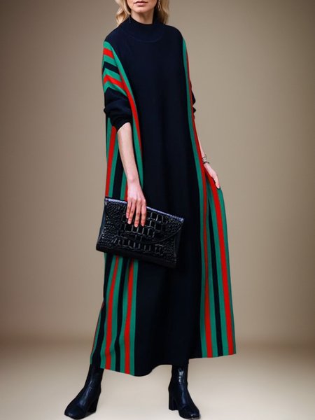 

Stand Collar Loose Color Block Casual Sweater Dress, Black, Midi Dresses