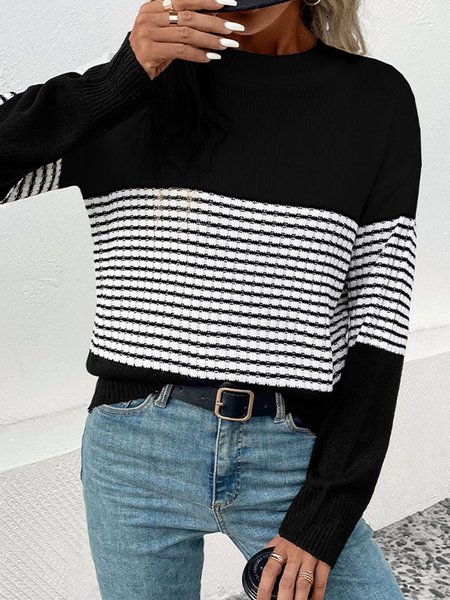 

Women Yarn/Wool Yarn Striped Long Sleeve Comfy Casual Sweater, Black, Sweaters