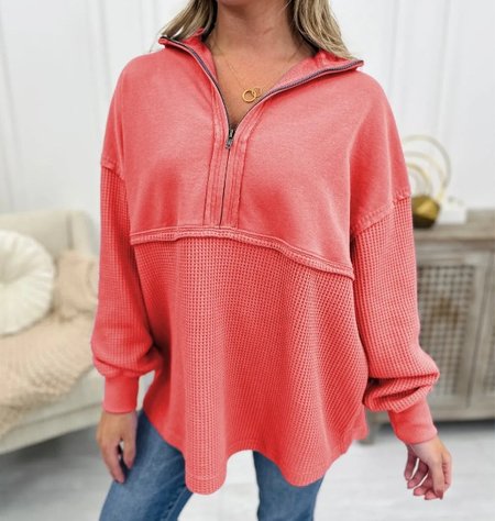

Women's Shawl Collar Plain Zipper Casual Spring/Fall Long Sleeve Sweatshirt, Watermelon, Sweatshirts & Hoodies