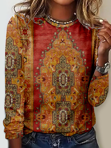 

Hippie Casual Nationality/Ethnic Crew Neck T-Shirt, Red, Long sleeves