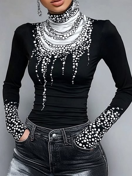 

Casual Abstract Polka Dots Tight Turtleneck T-Shirt, Black-white, Tees