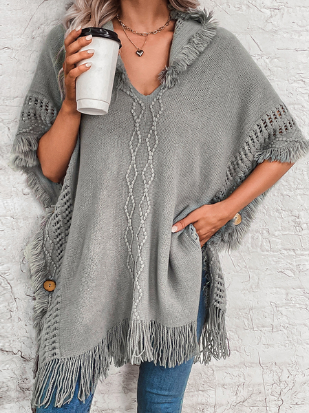 Women's Plain Cloak Beaded Heavyweight Loose Cloak, Gray, Coats