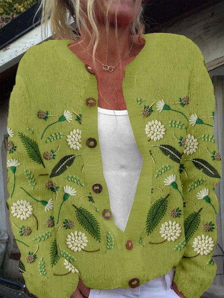 

Floral 3D Printing Casual Buttoned Cardigan, Green, Cardigans
