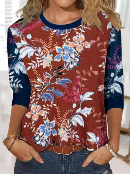 

Casual Floral Crew Neck Long Sleeve T-shirt, Red brown, T-shirts