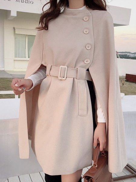 

Loose Elegant Stand Collar Buttoned Cloak With Belt, As picture, Poncho and Capes