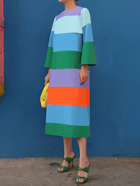 

Loose Regular Sleeve Color Block Crew Neck Three Quarter Sleeve Urban Midi Dress, As picture, Midi Dresses