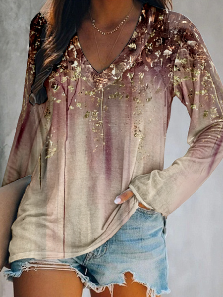 

Casual Floral V Neck Long Sleeve T-shirt, Yellow, T-shirts