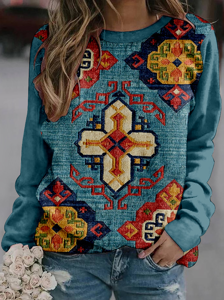 Hippie Casual Ethnic Crew Neck Sweatshirt, Blue, Hoodies&Sweatshirts