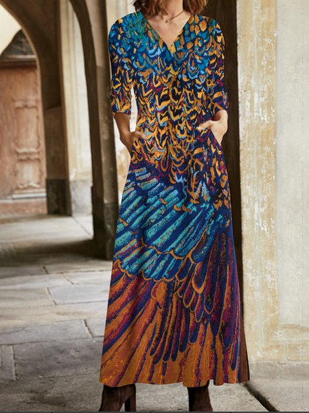 

Women Ethnic V Neck Long Sleeve Comfy Vintage Maxi Dress, Multicolor, Dresses