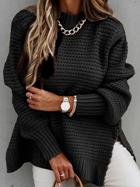 Casual Plain Loose Yarn/Wool Yarn Sweater, Black, Sweaters & Cardigans