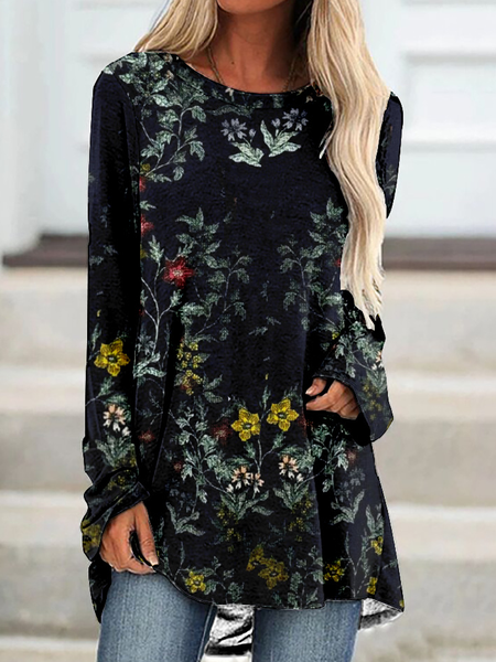 

Vintage Floral Crew Neck Long Sleeve T-shirt, Deep blue, T-shirts