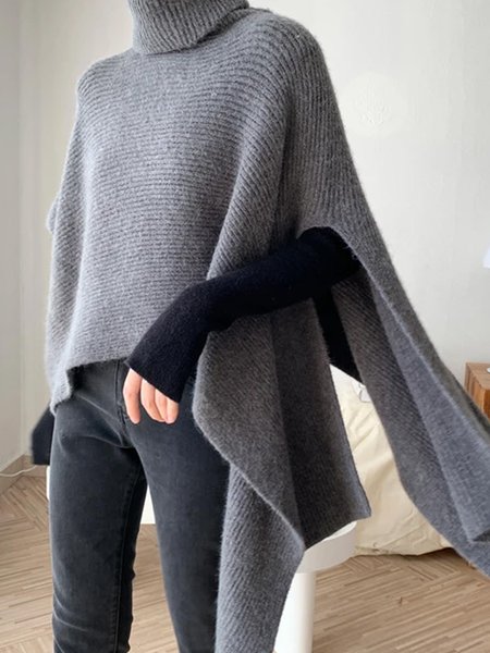 Urban Turtleneck Asymmetric Raglan Sleeves Sweater, Gray, Pullovers