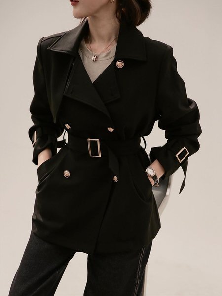 

Urban Plain Lapel Collar Trench Coat With Belt, Black, Trench Coats