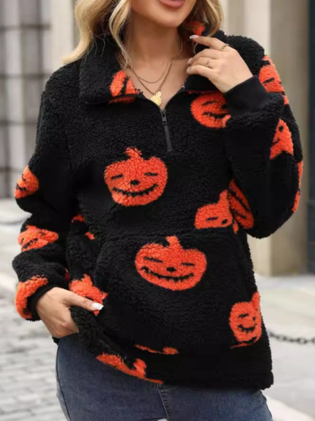 

Casual Halloween Pumpkin Pattern Loose Fleece Sweatshirt, Black, Hoodies & Sweatshirts