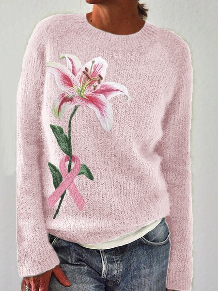 

Elegant Lily Pink Ribbon Embroidered Knitted Sweater, Cardigans
