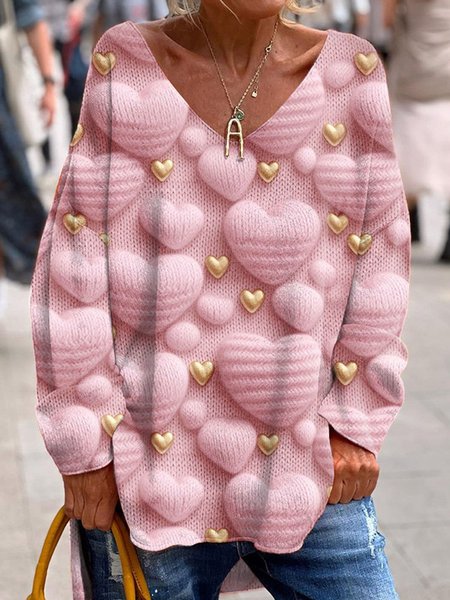 

Casual Floral V Neck Long Sleeve T-shirt, Pink, T-shirts