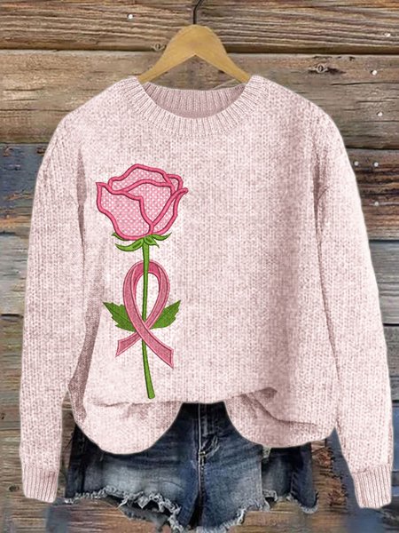 

Pink rose art pullover knitted sweater, Cardigans