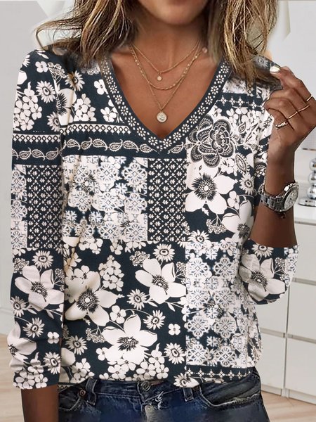 

Casual Floral V Neck Long Sleeve T-shirt, Black-white, T-shirts
