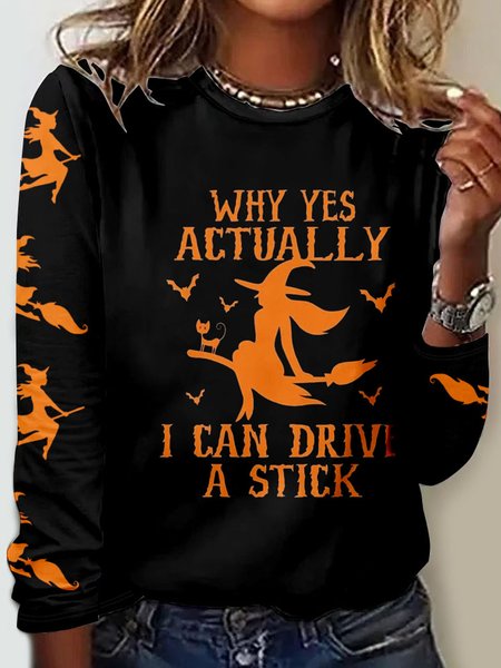 

Halloween Casual Witch Pattern Text Letters Crew Neck Long Sleeve T-shirt, Black, T-shirts