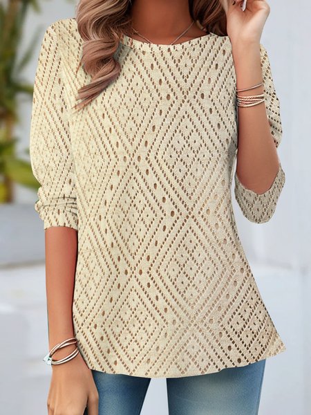 Casual Ethnic Geometry Crew Neck Long Sleeve T-shirt, Apricot, T-shirts