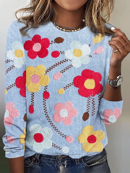 

Casual Floral Crew Neck Long Sleeve T-shirt, Blue, T-shirts