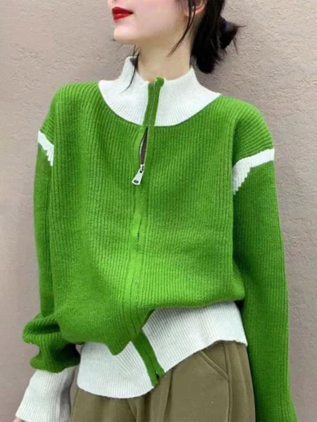 

Plain Loosen Mock Neck Casual Long Sleeve Cardigan Sweater, Green, Cardigans