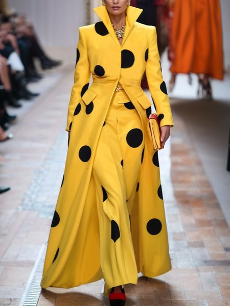 Polka Dots Urban Stand Collar Long Coat, Yellow, Coats