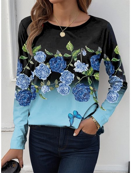 

Women's Long Sleeve Tee T-shirt Spring/Fall Floral Jersey Crew Neck Daily Going Out Casual Top, Black, T-Shirts