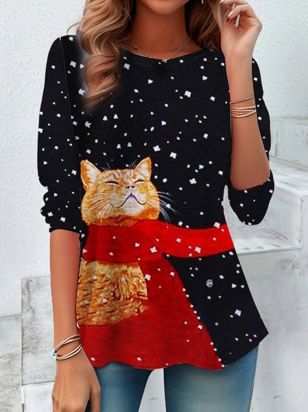 

Women's Long Sleeve Tee T-shirt Spring/Fall Cat Printing Jersey Crew Neck Daily Going Out Casual Top, Black, T-Shirts