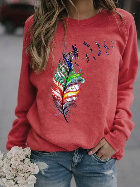 

Loose Casual Crew Neck Dragonfly Sweatshirt, Red, Hoodies&Sweatshirts