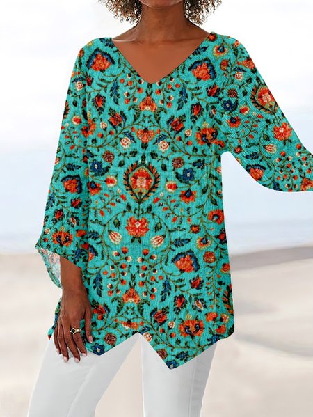 

V Neck Long Sleeve Paisley Irregular Craftsmanship Regular Loose TUNIC Blouse For Women, Cyan, Blouses