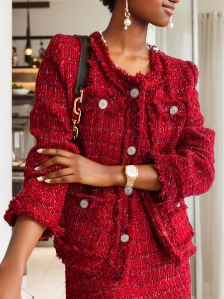 Crew Neck Regular Sleeve Elegant Jacket, Red, Jackets