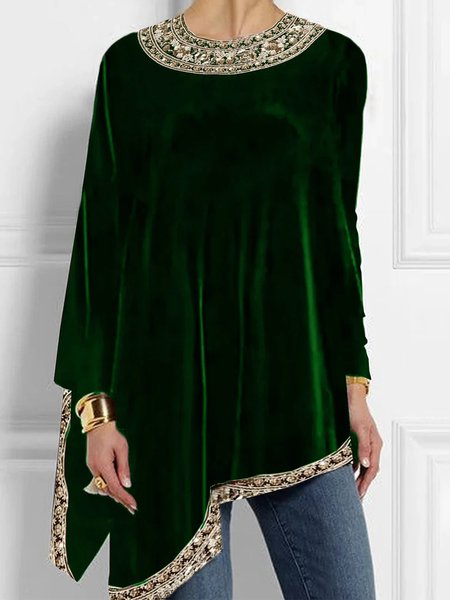 

Irregular Craftsmanship Casual Plain Long Sleeve Loose Blouse, Green, Blouses and Shirts