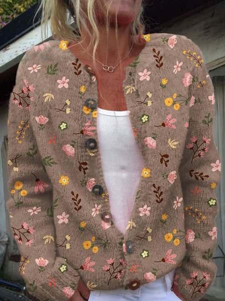 

Casual Loose Floral Crew Neck Cardigan, Color8, Cardigans