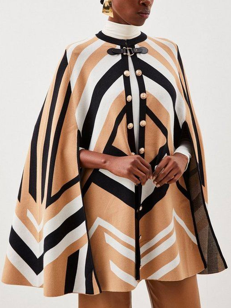 

Buttoned Color Block Loose Urban Cloak, Brown, Poncho and Capes