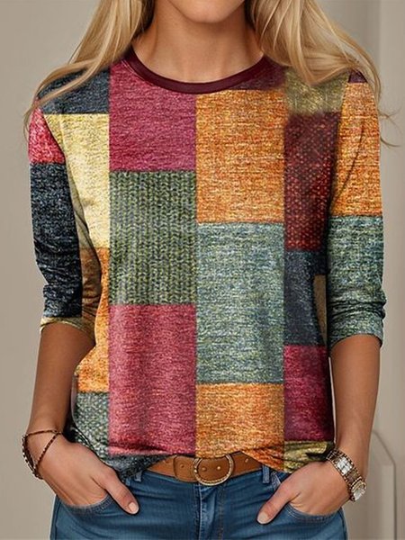 

Casual Plaid Crew Neck Long Sleeve T-shirt, Multicolor, T-shirts