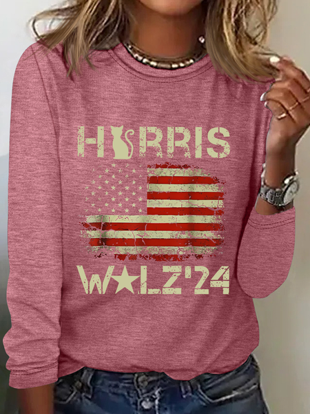 

American Flag Print Casual Long Sleeve Shirt, Watermelon, Long sleeves