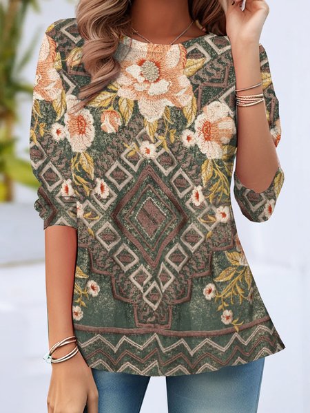 

Casual Floral Crew Neck Long Sleeve T-shirt, Darkgreen, T-shirts