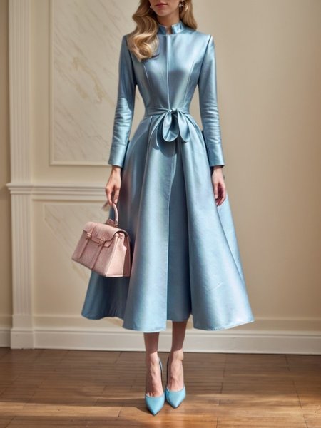Plain Elegant Regular Fit Dress With Belt, Blue, Maxi Dresses