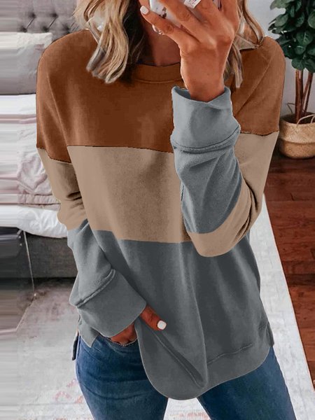 

Casual Crew Neck Color Block Sweatshirt, Brown, Hoodies & Sweatshirts