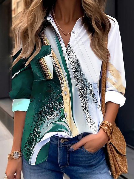 

Shirt Collar Long Sleeve Abstract Buttoned Regular Loose TUNIC Shirt For Women, Green, Shirts