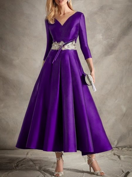 

Elegant V Neck Plain Lace Edge Formal Dress, Purple, Maxi Dresses