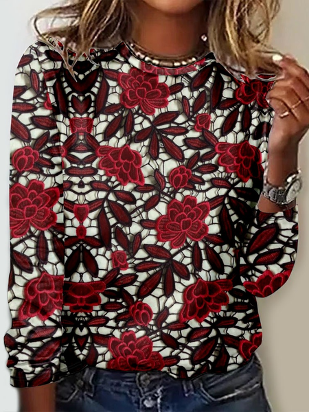 

Casual Abstract Crew Neck Long Sleeve T-shirt, Wine red, T-shirts