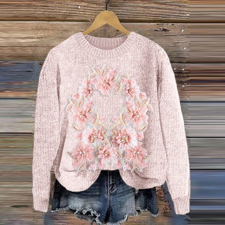 

Flower art knitted pullover sweater, Pink, Cardigans