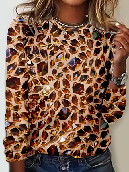 Casual Ethnic Crew Neck Long Sleeve T-shirt, Khaki, T-shirts