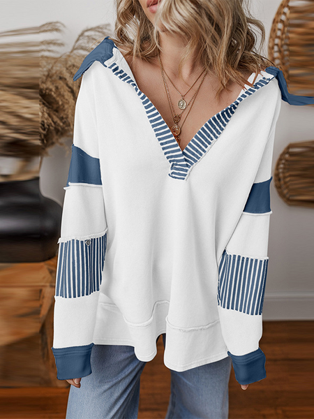 

Women's Shawl Collar Striped Casual Spring/Fall Long Sleeve Sweatshirt, Purplish blue, Sweatshirts & Hoodies