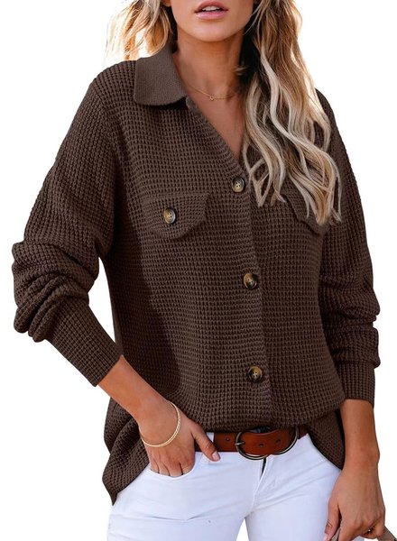 

Women's Long Sleeve Blouse Spring/Fall Plain Buckle Shirt Collar Daily Going Out Casual Top, Coffee, Shirts & Blouses