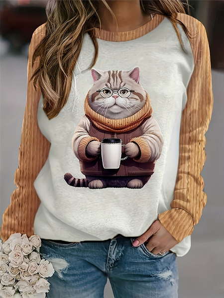 

Women's Crew Neck Cat Printing Casual Spring/Fall Long Sleeve Sweatshirt, Khaki, Sweatshirts & Hoodies