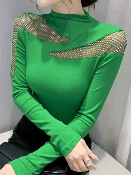 

Mock Neck Elegant Regular Fit Regular Sleeve T-Shirt, Green, Tees