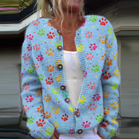 

Cute dog paw knitted button cardigan, Blue, Cardigans